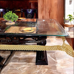 Aqua Table Cover with Golden Textile Lace