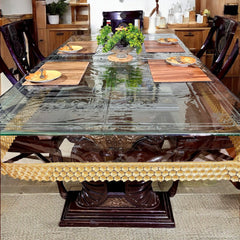 Aqua Table Cover with Golden Textile Lace