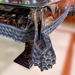 Aqua Table Cover with Grey Textile Lace