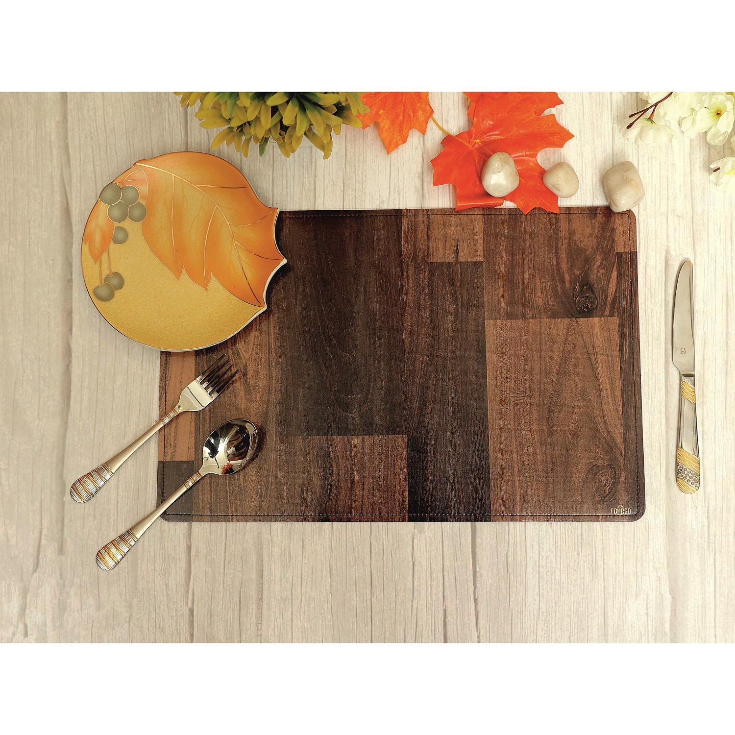 brown anti slip table mat with plate