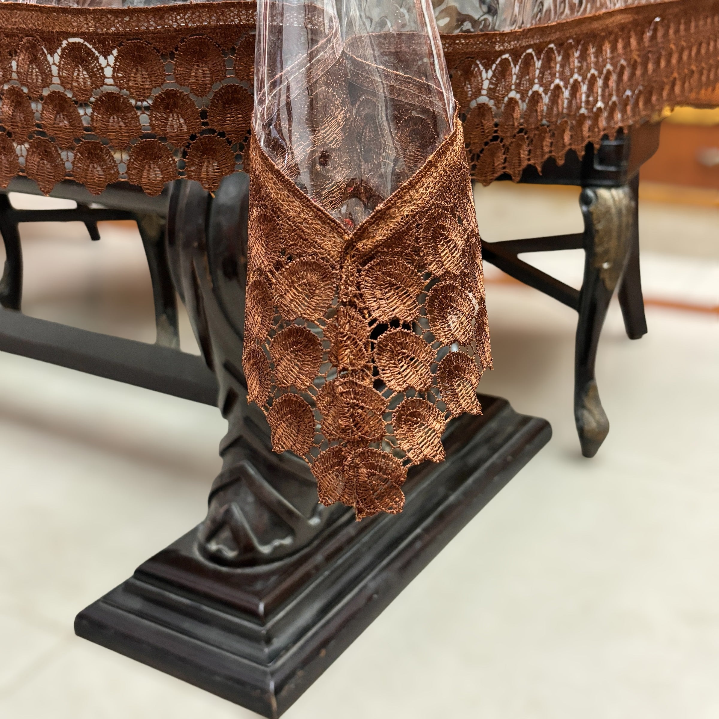 Aqua Table Cover with Brown Textile Lace