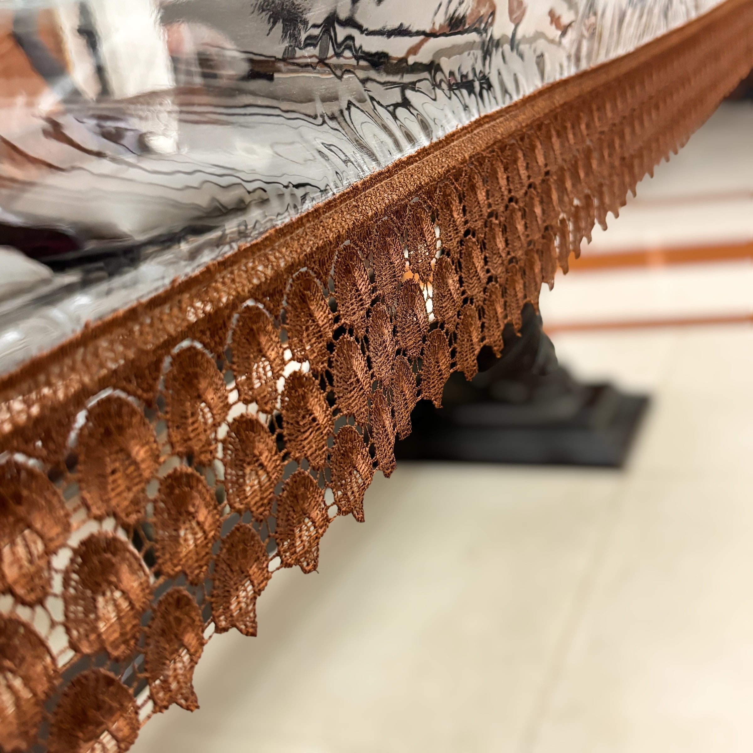 Aqua Table Cover with Brown Textile Lace