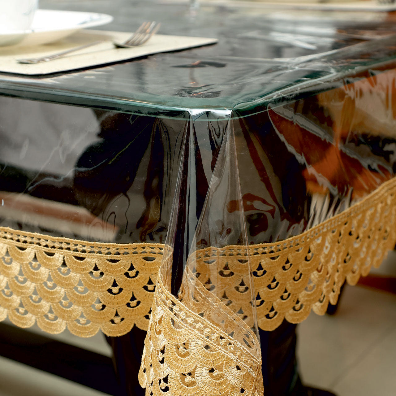 Aqua Table Cover with Golden Textile Lace