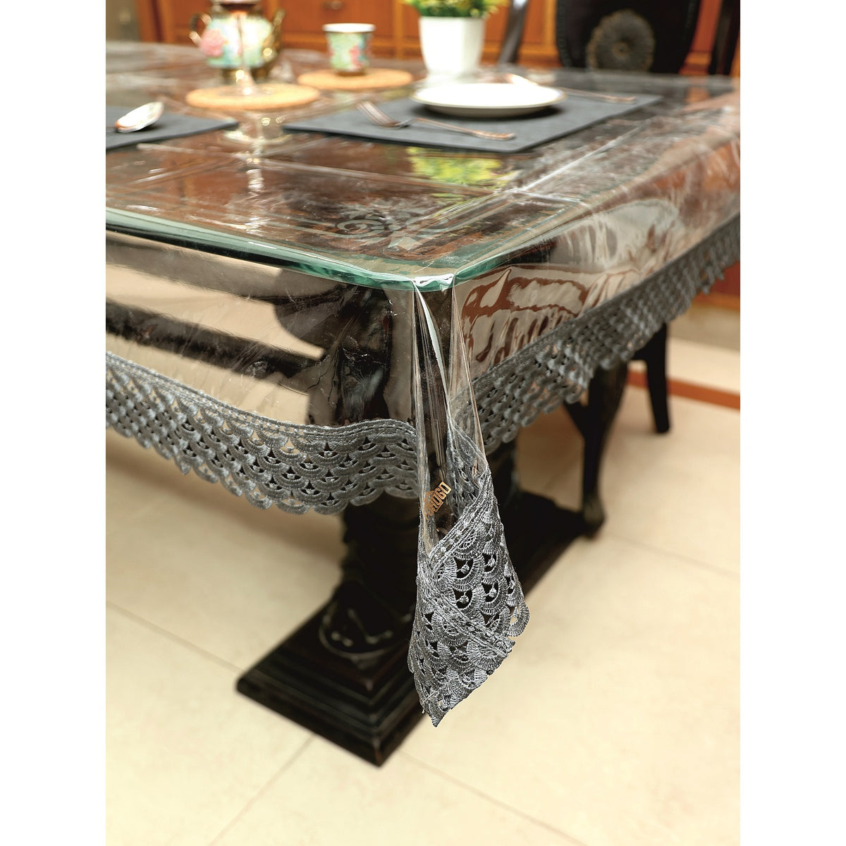 table cover with grey lace closeup